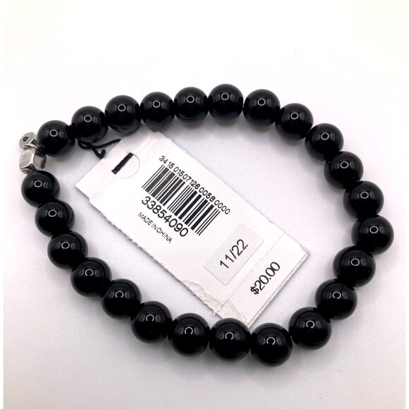 EXPRESS Unisex Genuine Stone Black Stretch Bracelet Silver Tone Accent NEW - Picture 2 of 3